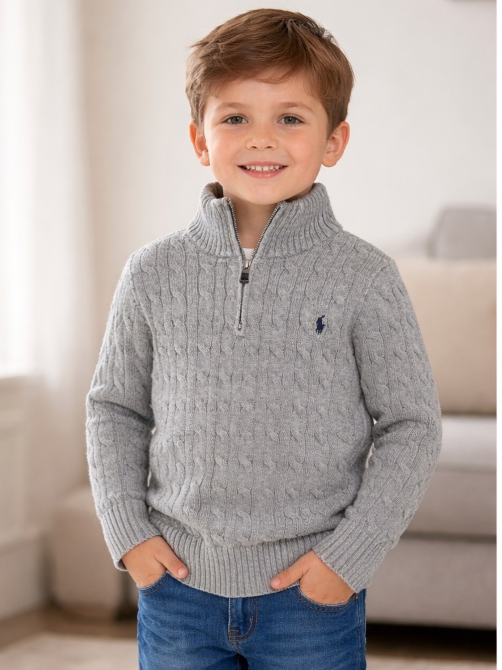 Polo by Ralph Lauren Light Gray Cable-Knit Half-Zip Sweater